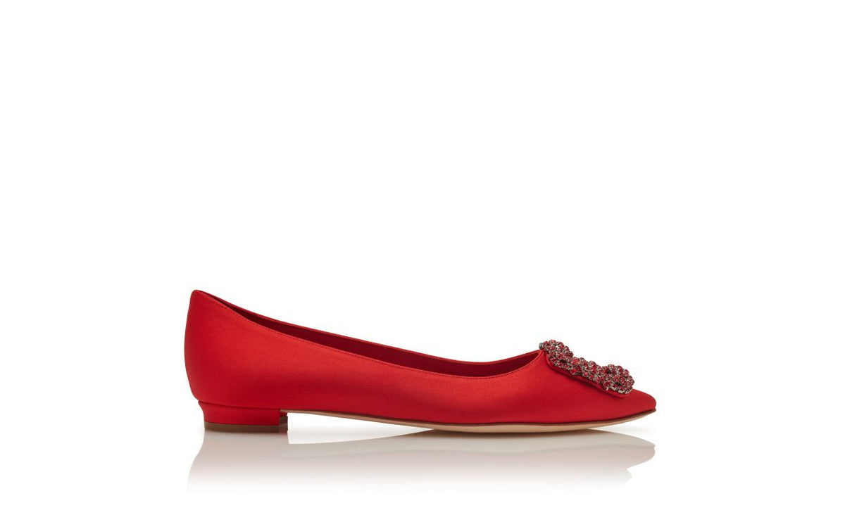 Aurelia Star Red Jewel Buckle Pumps – side profile showing red jewel buckle, crystal buckle, almond toe, satin, Vowalisse