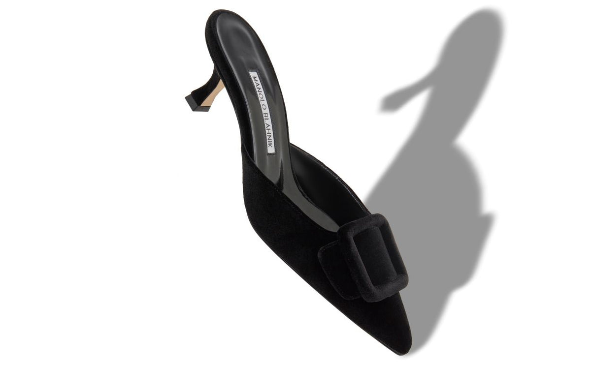 Lucienne Flame Black Almond Toe Mules – front three-quarter view showing black almond toe, velvet, Vowalisse