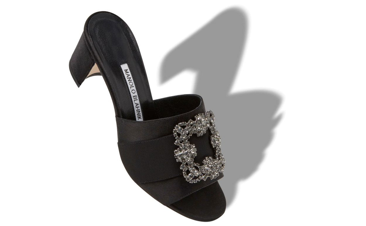 Celeste Flame Black Jewel Buckle Mules – front three-quarter view showing black jewel buckle, crystal buckle, satin…