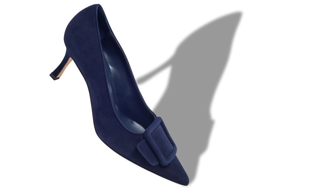 Arabella Élan Blue Pointed Toe Pumps – front three-quarter view showing blue pointed toe, suede, Vowalisse