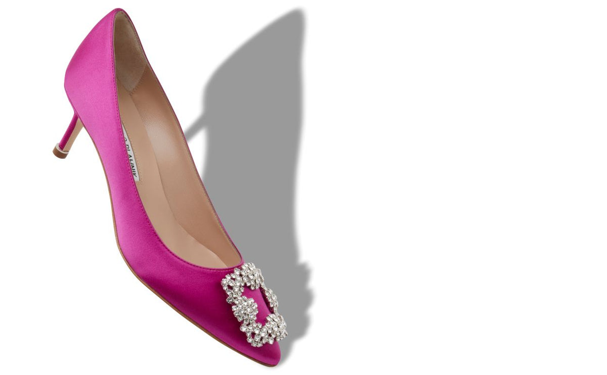 Colette Flame Pink Jewel Buckle Pumps – front three-quarter view showing pink jewel buckle, almond toe, satin, Vowalisse