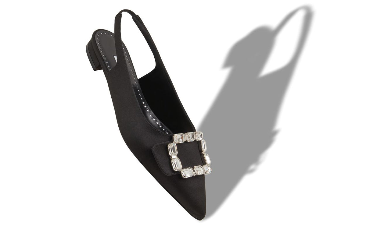 Arabella Muse Black Crystal Buckle Slingbacks – front three-quarter view showing black crystal buckle, slingback, pointed…