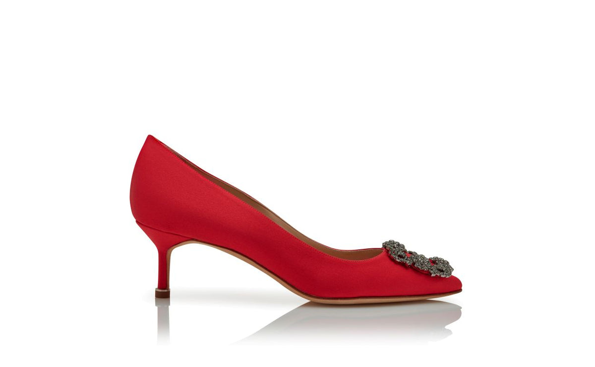 Delphine Grace Red Jewel Buckle Pumps – side profile showing red jewel buckle, crystal buckle, almond toe, satin, Vowalisse