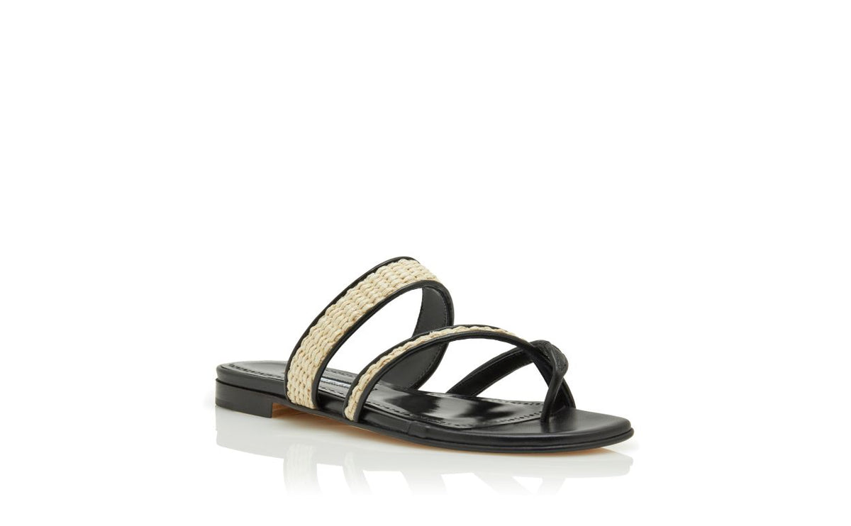 Leonora Grace Black Crossover Mules – top view showing black crossover, open toe, nappa leather, raffia, Vowalisse