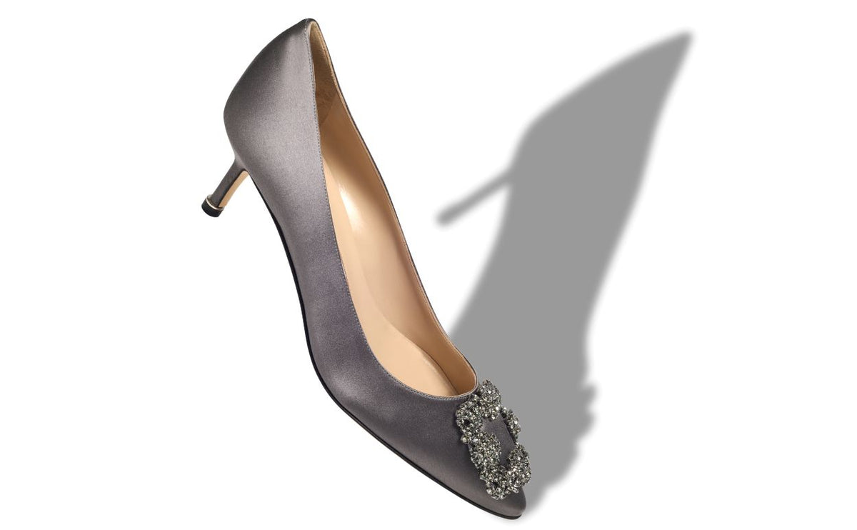 Isadora Élan Grey Jewel Buckle Pumps – front three-quarter view showing grey jewel buckle, crystal buckle, almond toe…