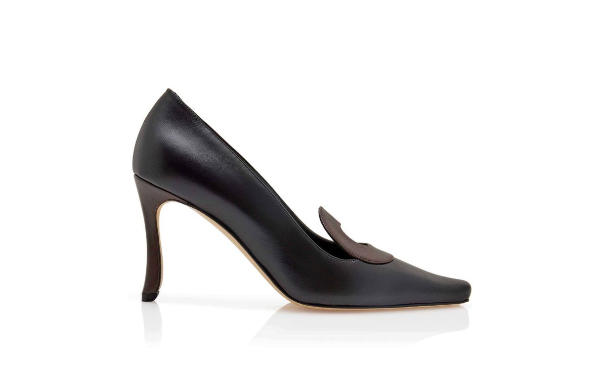 Marcella Star Black Almond Toe Pumps – side profile showing black almond toe, nappa leather, Vowalisse