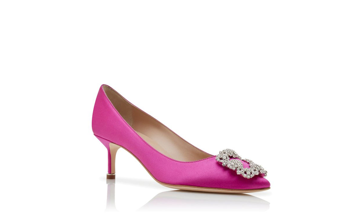 Colette Flame Pink Jewel Buckle Pumps – top view showing pink jewel buckle, almond toe, satin, Vowalisse