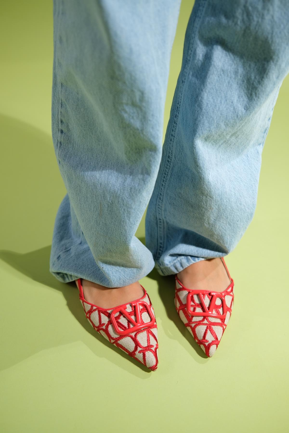 Pelops - Red Backless Pointed Toe Ballet Flat – side view showing leather, red, Vowalisse