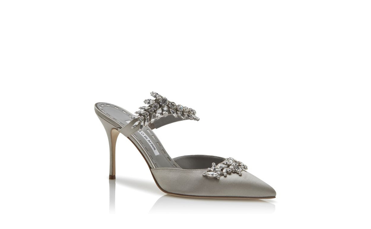 Vivienne Crown Grey Crystal Embellished Mules – top view showing grey crystal embellished, pointed toe, satin, Vowalisse