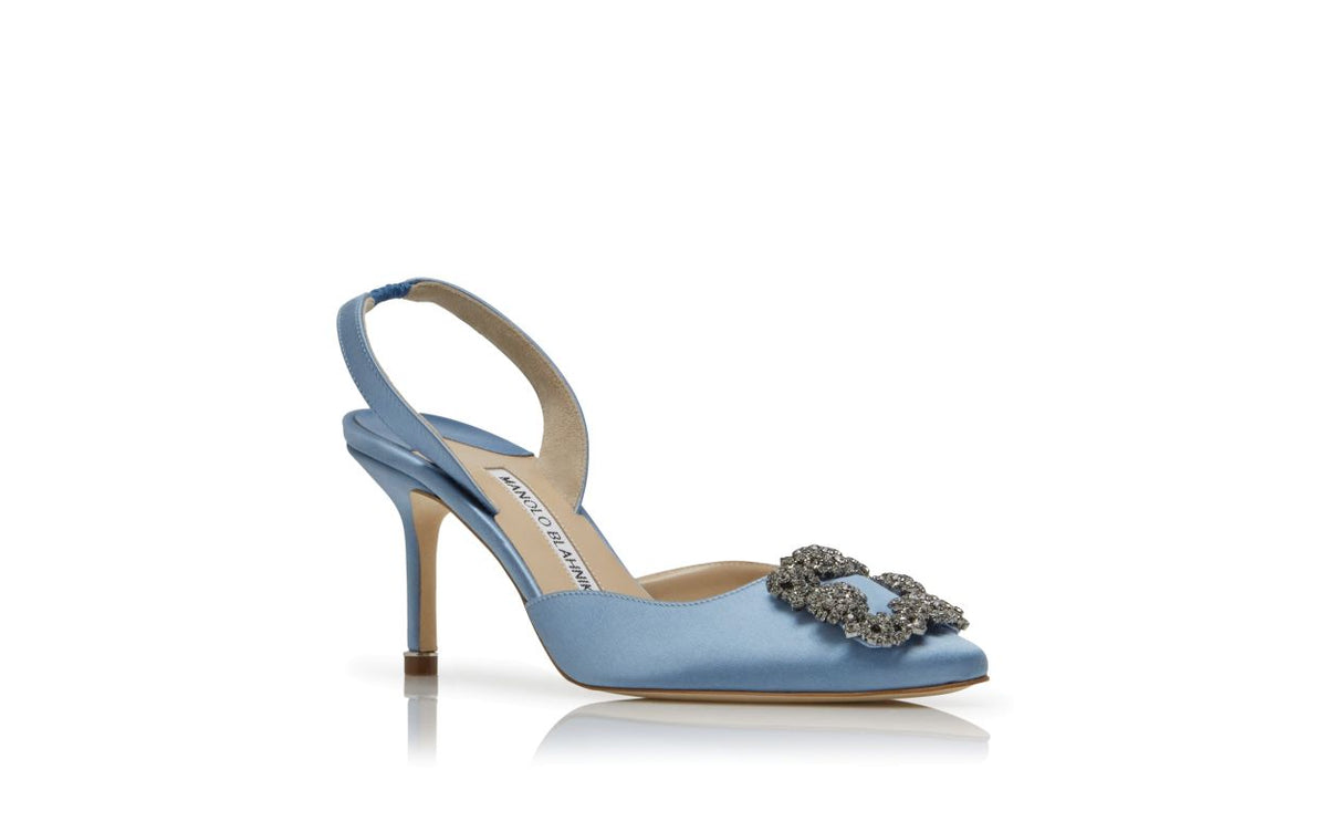 Noelle Belle Blue Jewel Buckle Slingbacks – top view showing blue jewel buckle, crystal buckle, ankle strap, slingback…