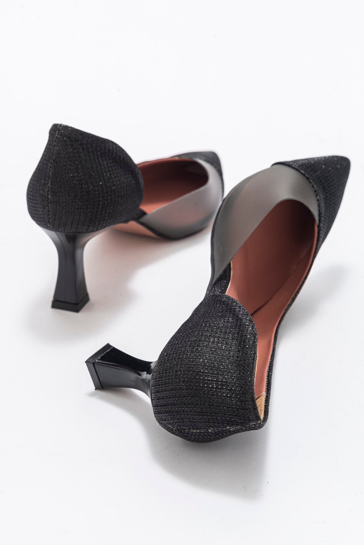 Vera Black Glitter Pointed Toe Pump – side view showing leather, glitter, black, Vowalisse