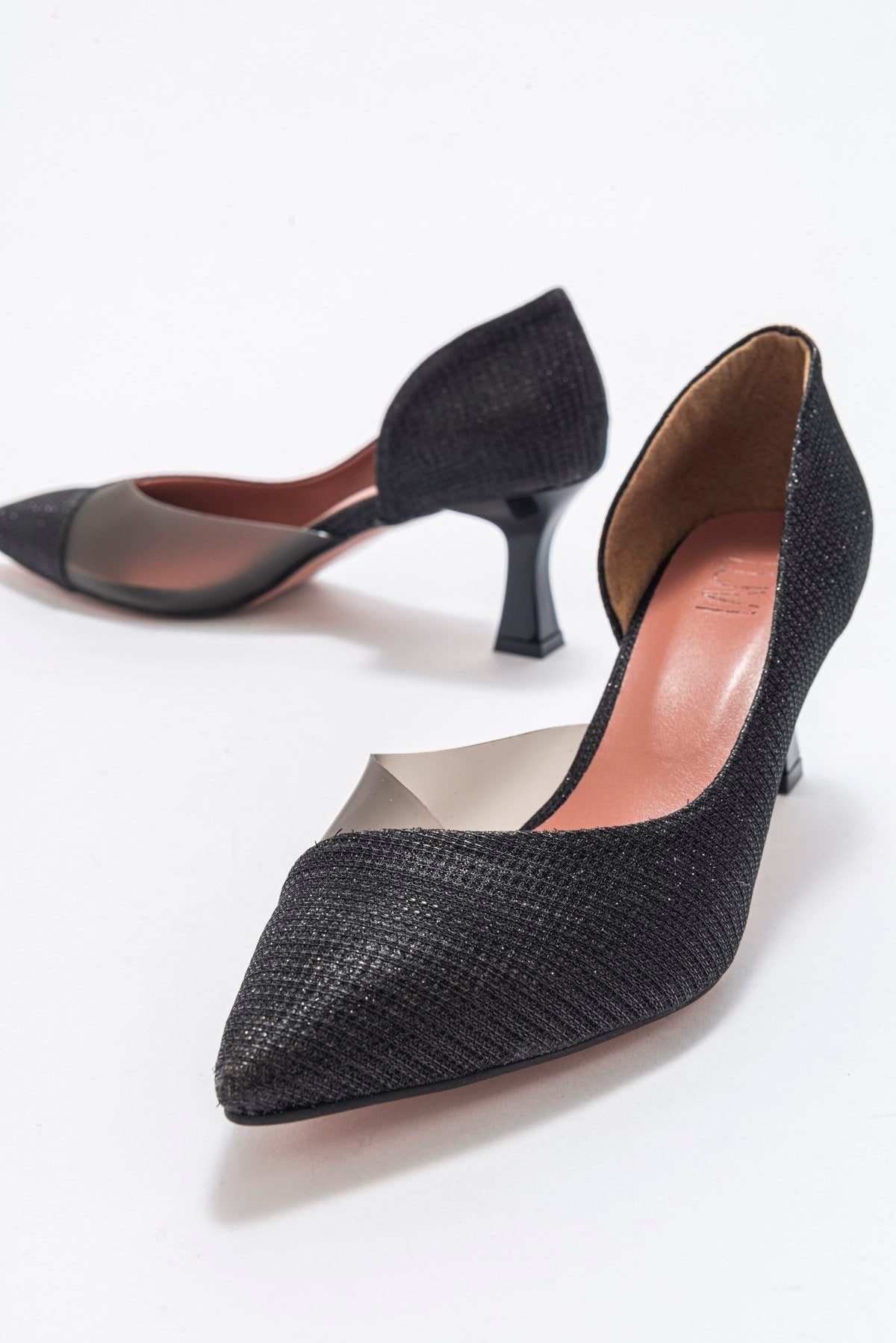 Vera Black Glitter Pointed Toe Pump – top view showing leather, glitter, black, Vowalisse