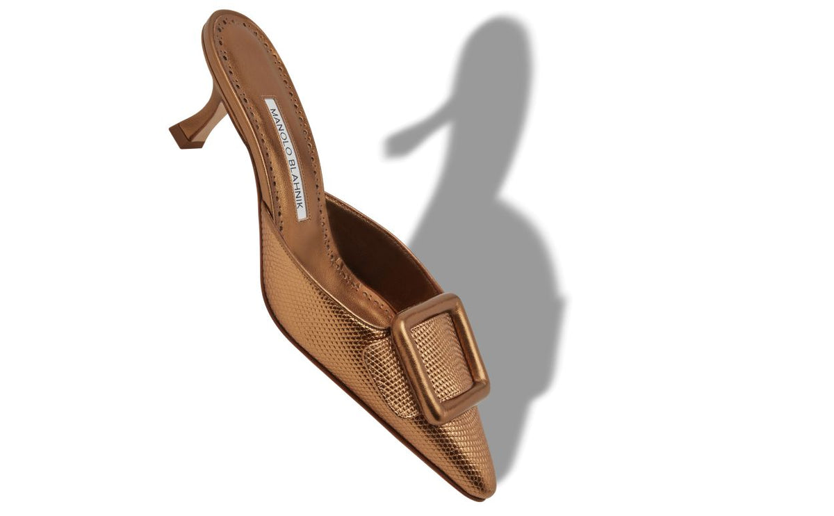 Marcella Halo Gold Pointed Toe Mules – front three-quarter view showing gold pointed toe, Vowalisse