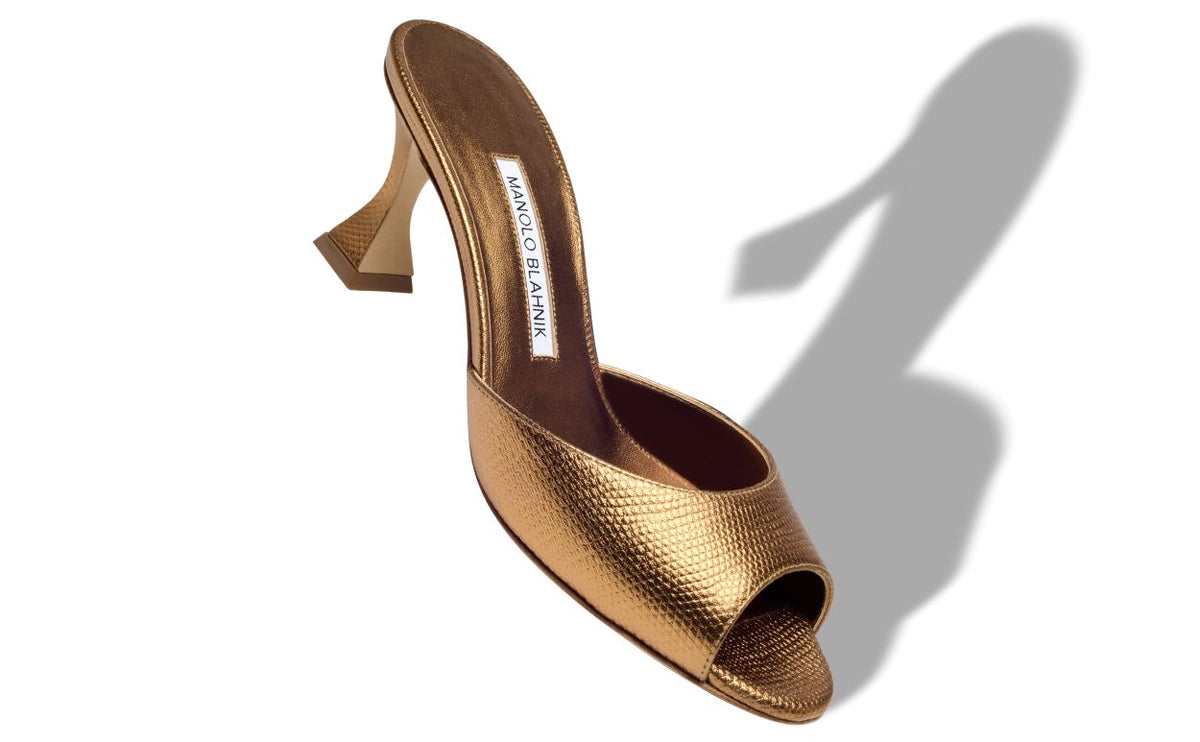 Clarisse Pearl Gold Open Toe Mules – front three-quarter view showing gold open toe, Vowalisse