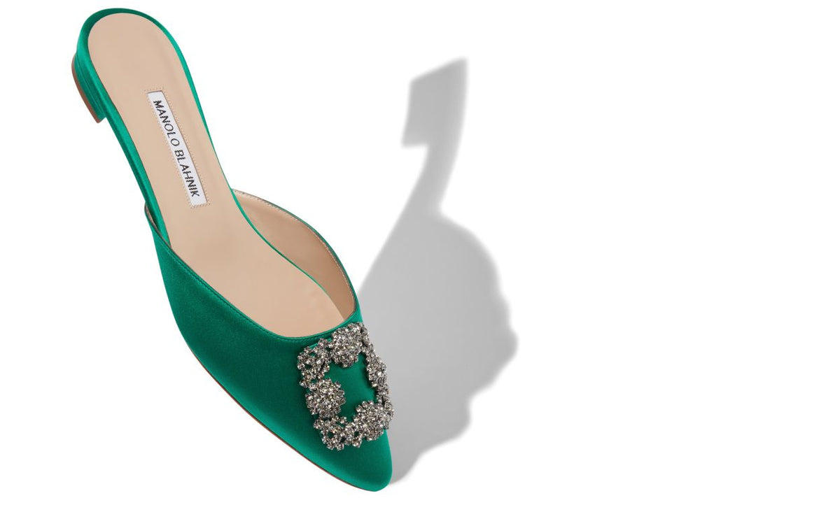 Violetta Crown Green Jewel Buckle Mules – front three-quarter view showing green jewel buckle, crystal buckle, satin…