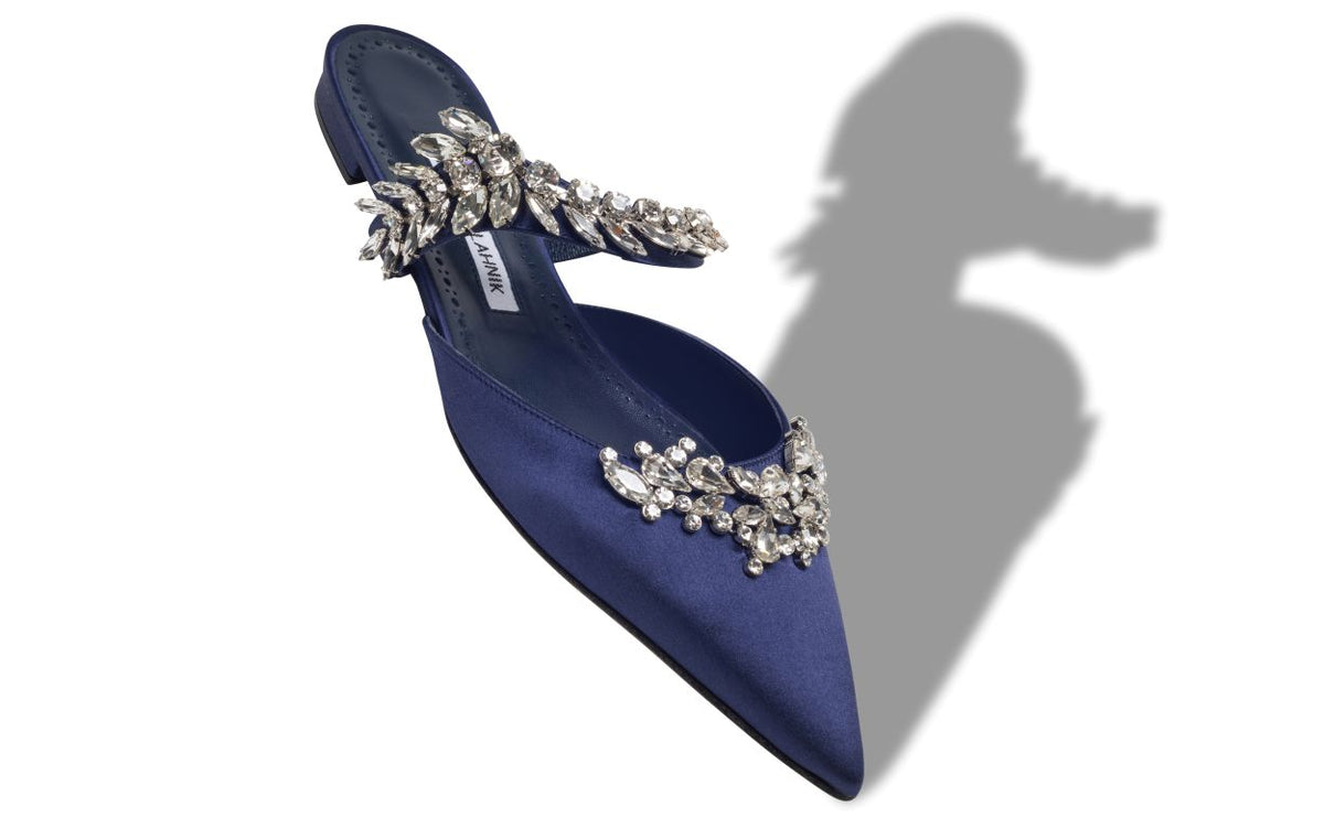 Lunette Shine Blue Crystal Embellished Mules – front three-quarter view showing blue crystal embellished, satin, Vowalisse