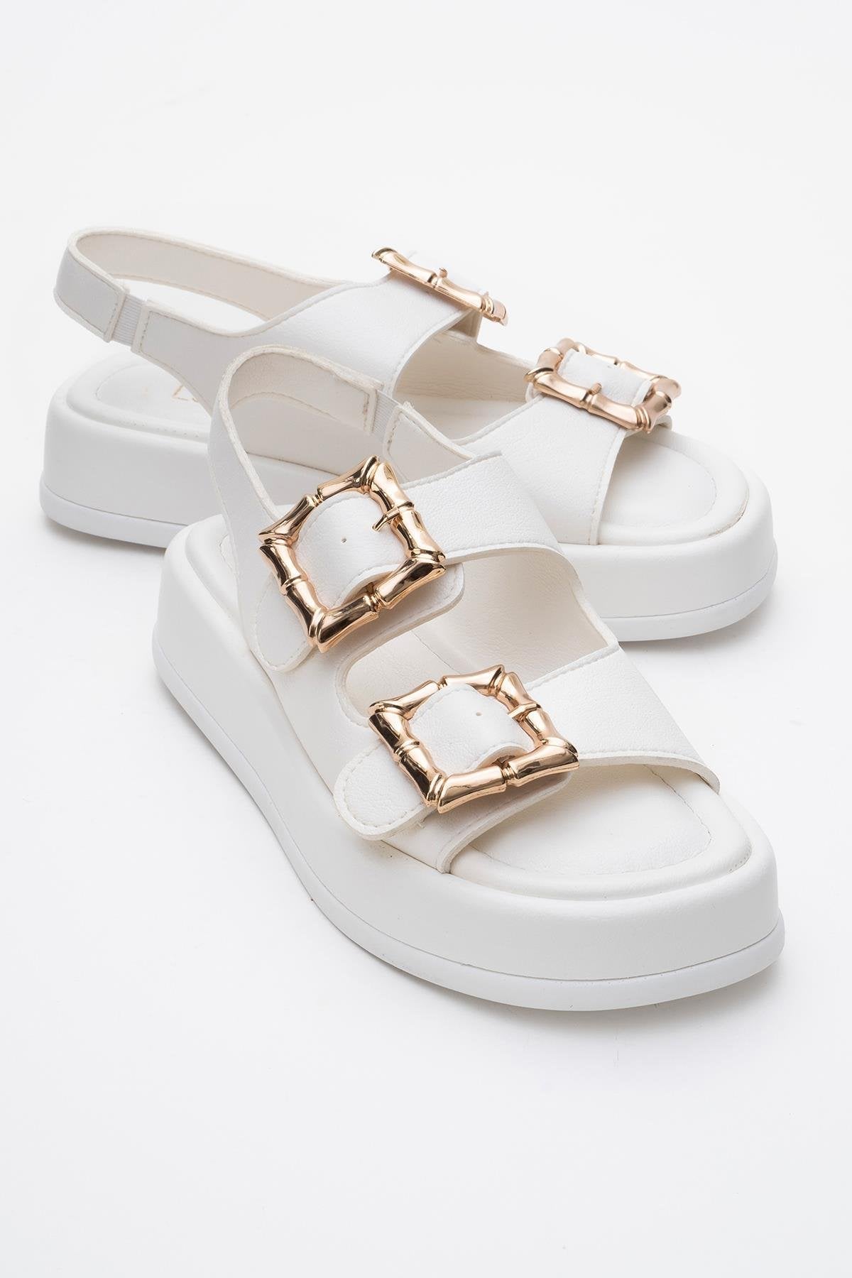 Slope White Double Strap Flat Sandal – front three-quarter view showing leather, white, Vowalisse