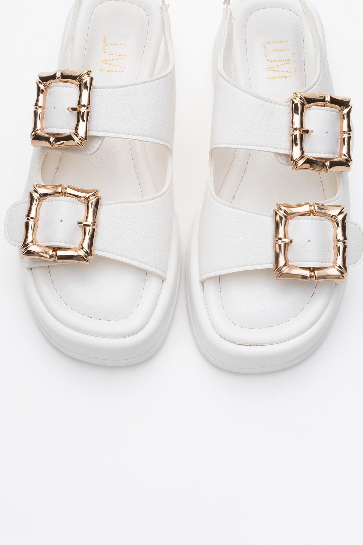 Slope White Double Strap Flat Sandal – side view showing leather, white, Vowalisse