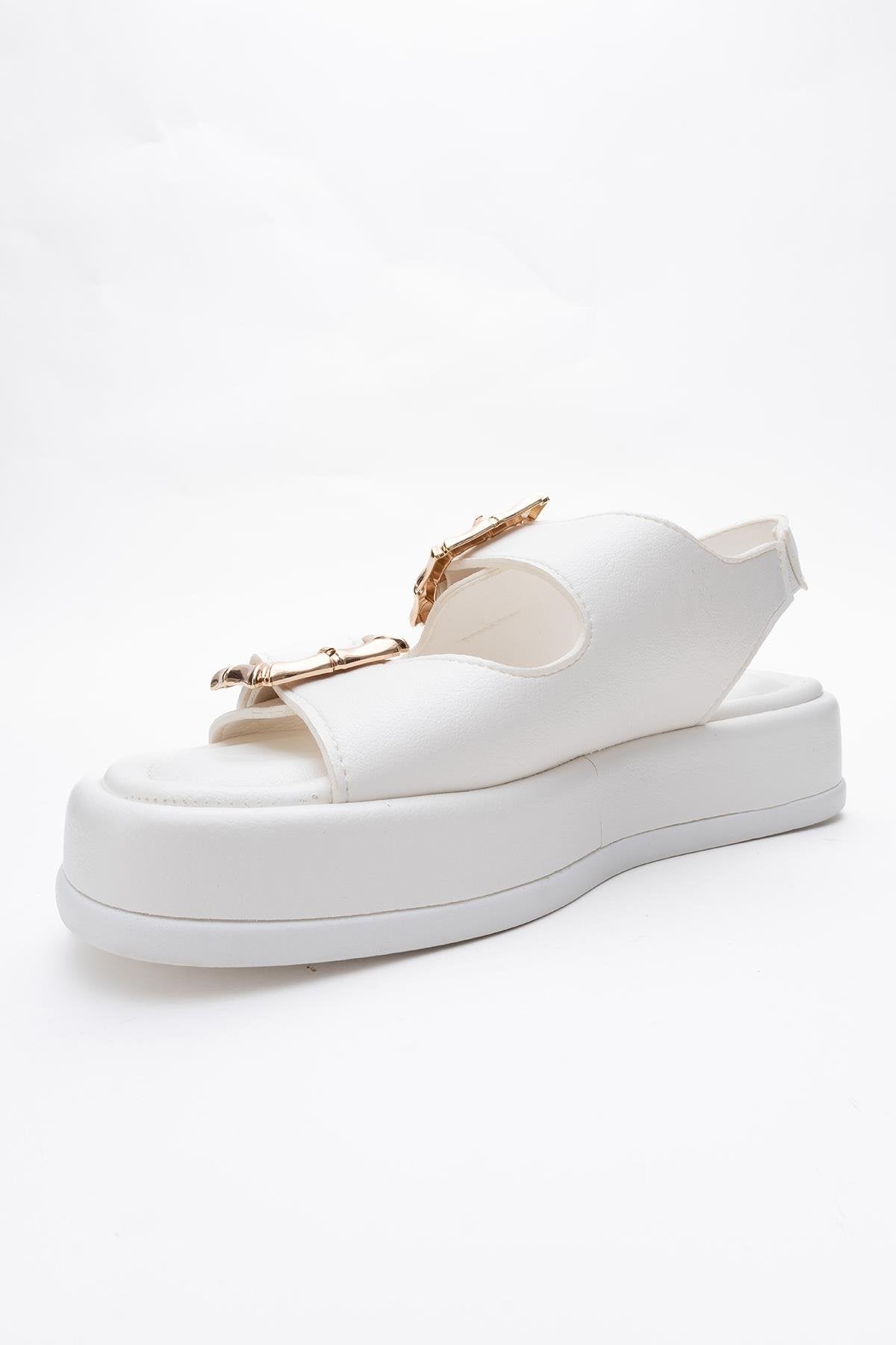 Slope White Double Strap Flat Sandal – heel view showing leather, white, Vowalisse
