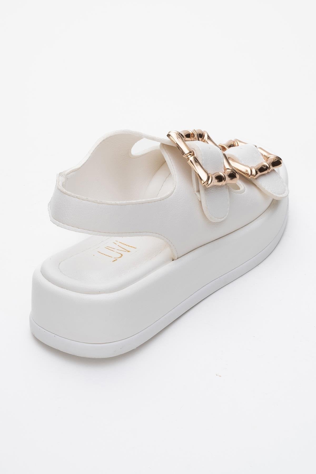 Slope White Double Strap Flat Sandal – back view showing leather, white, Vowalisse
