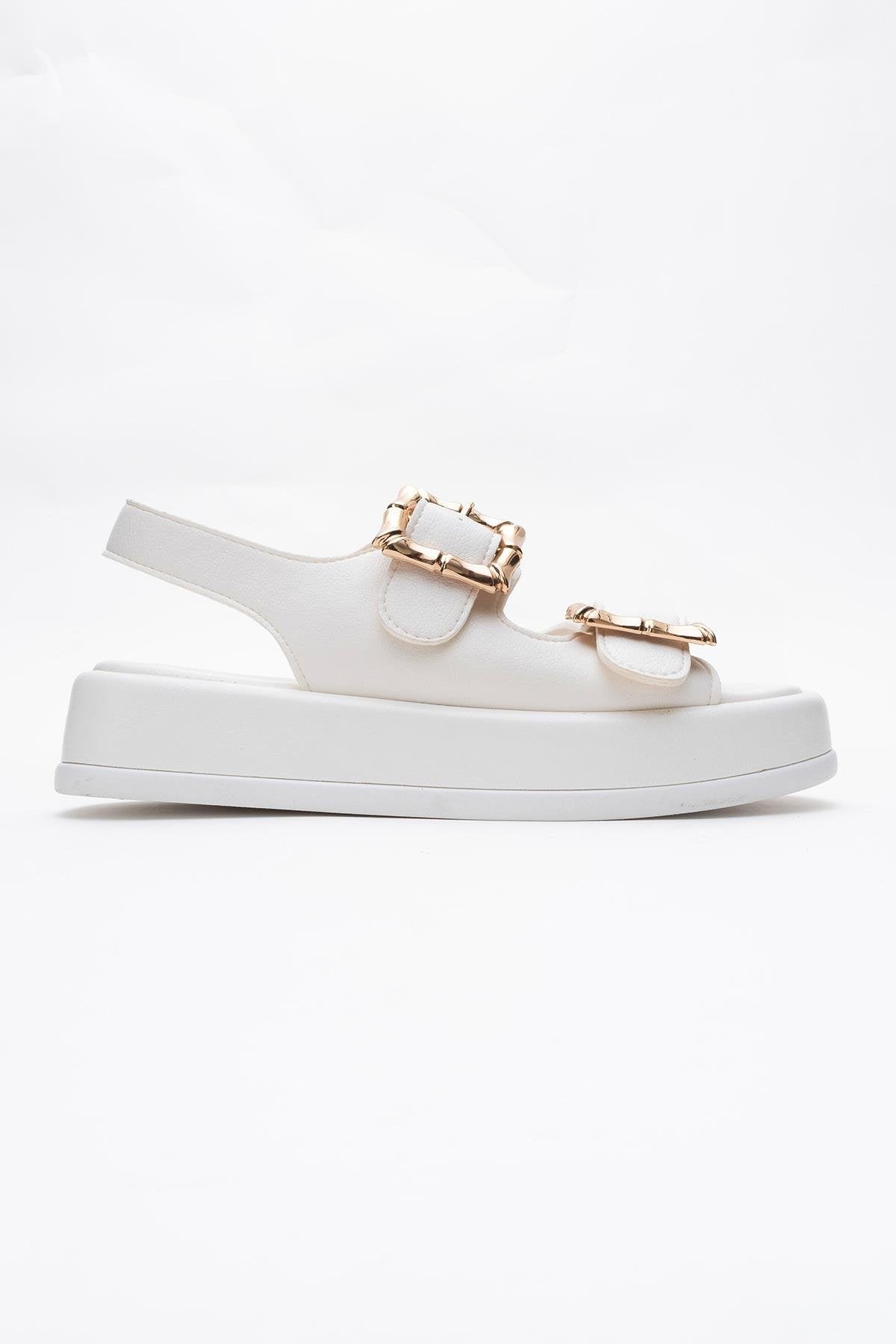 Slope White Double Strap Flat Sandal – top view showing leather, white, Vowalisse