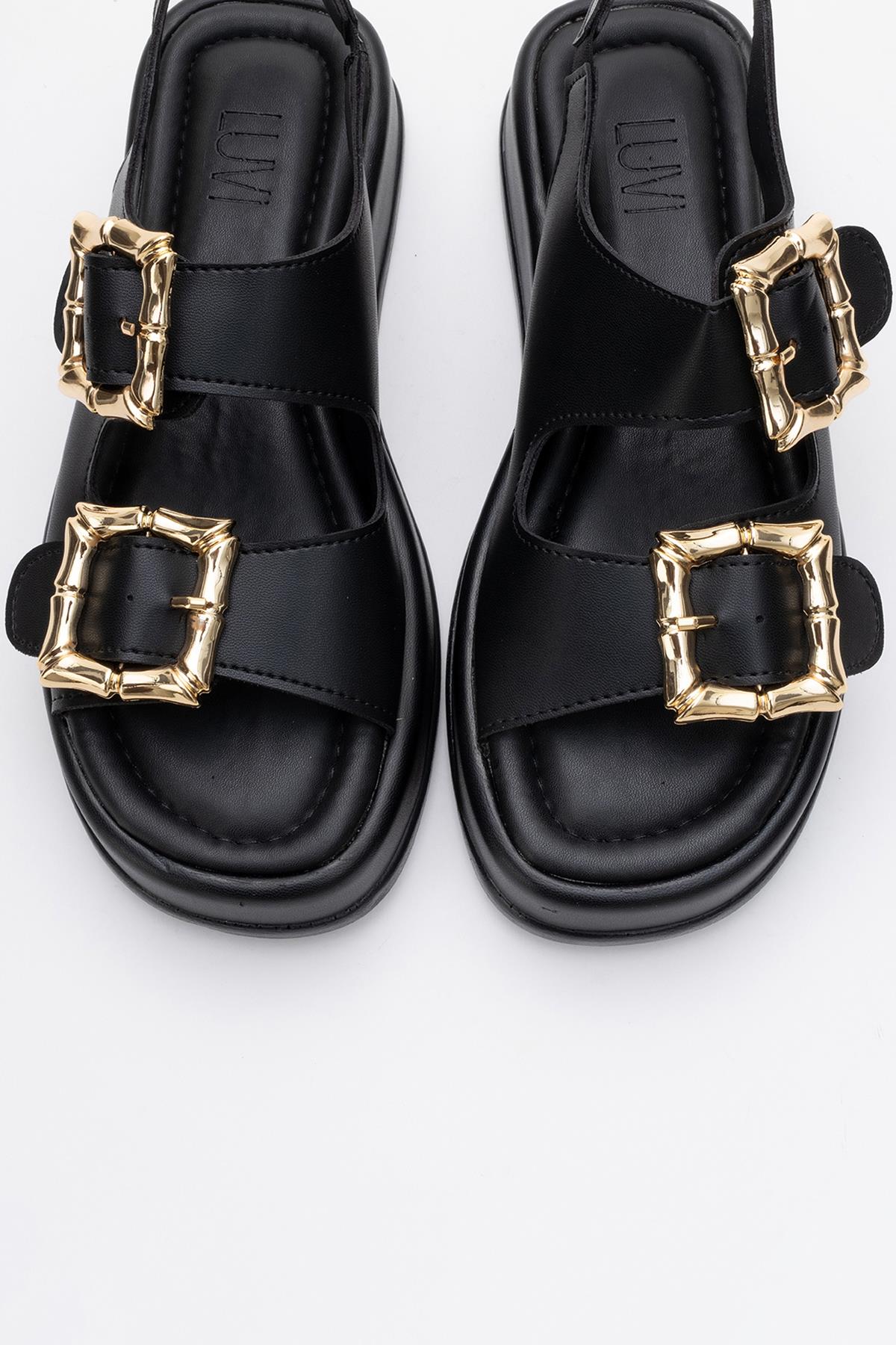 Slope Black Double Strap Flat Sandal – side view showing leather, black, Vowalisse