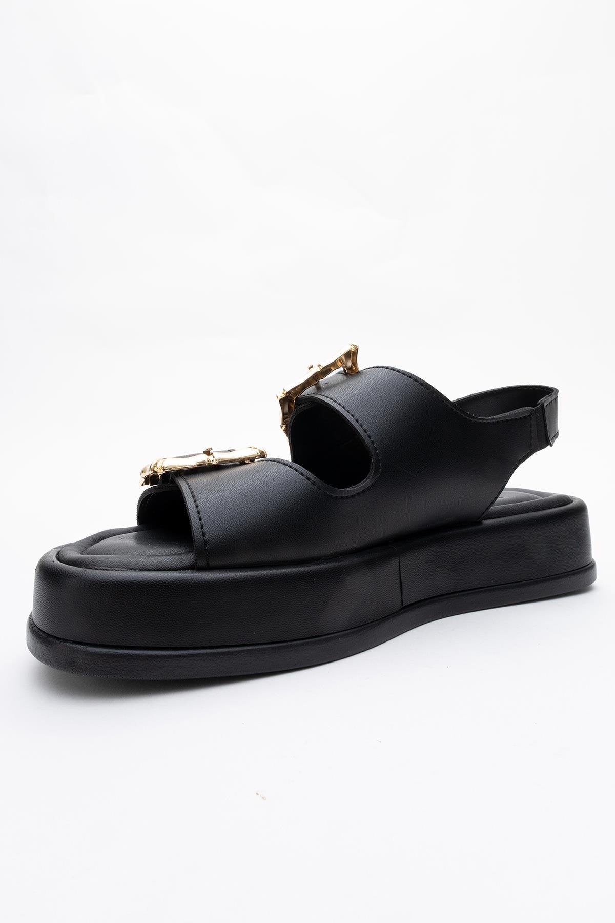 Slope Black Double Strap Flat Sandal – heel view showing leather, black, Vowalisse
