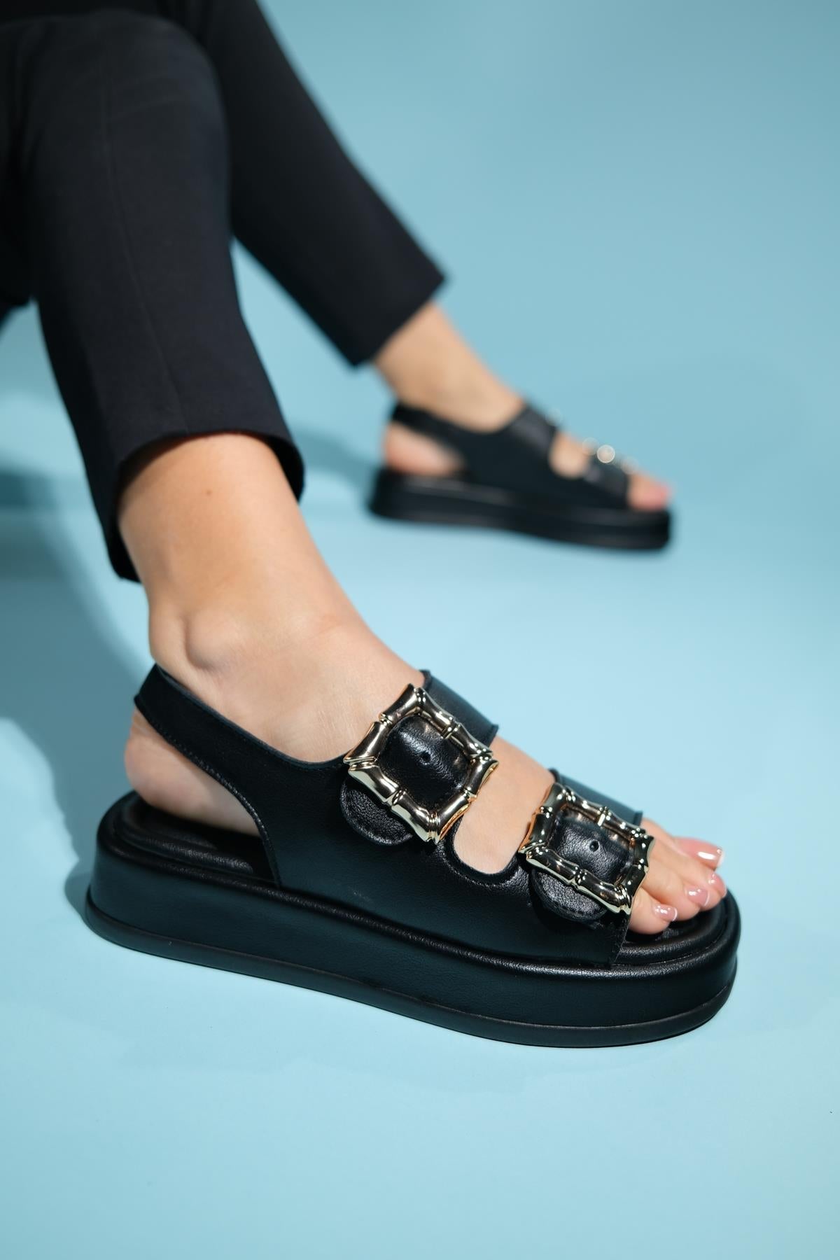Slope Black Double Strap Flat Sandal – sole view showing leather, black, Vowalisse