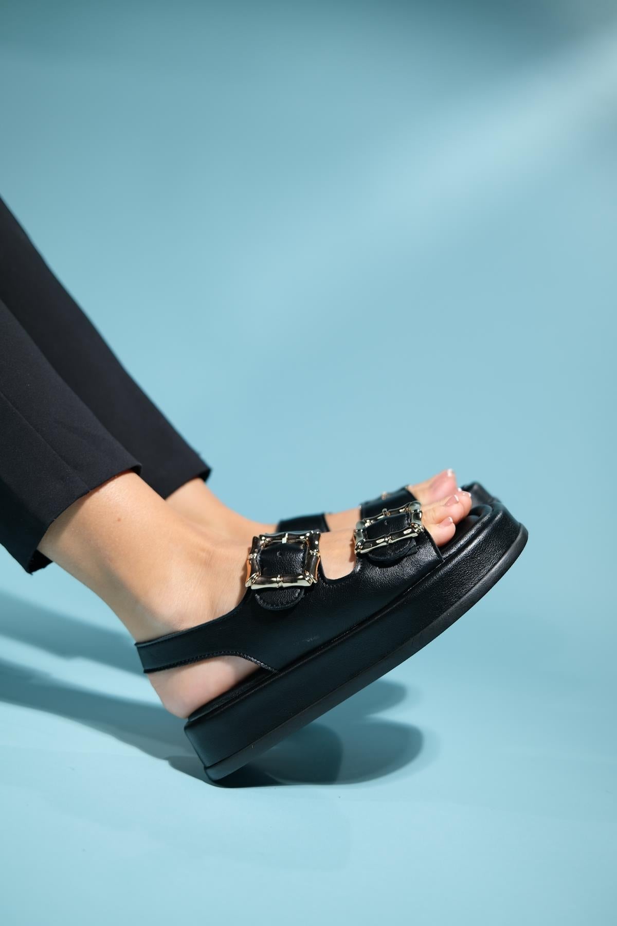 Slope Black Double Strap Flat Sandal – pair view showing leather, black, Vowalisse
