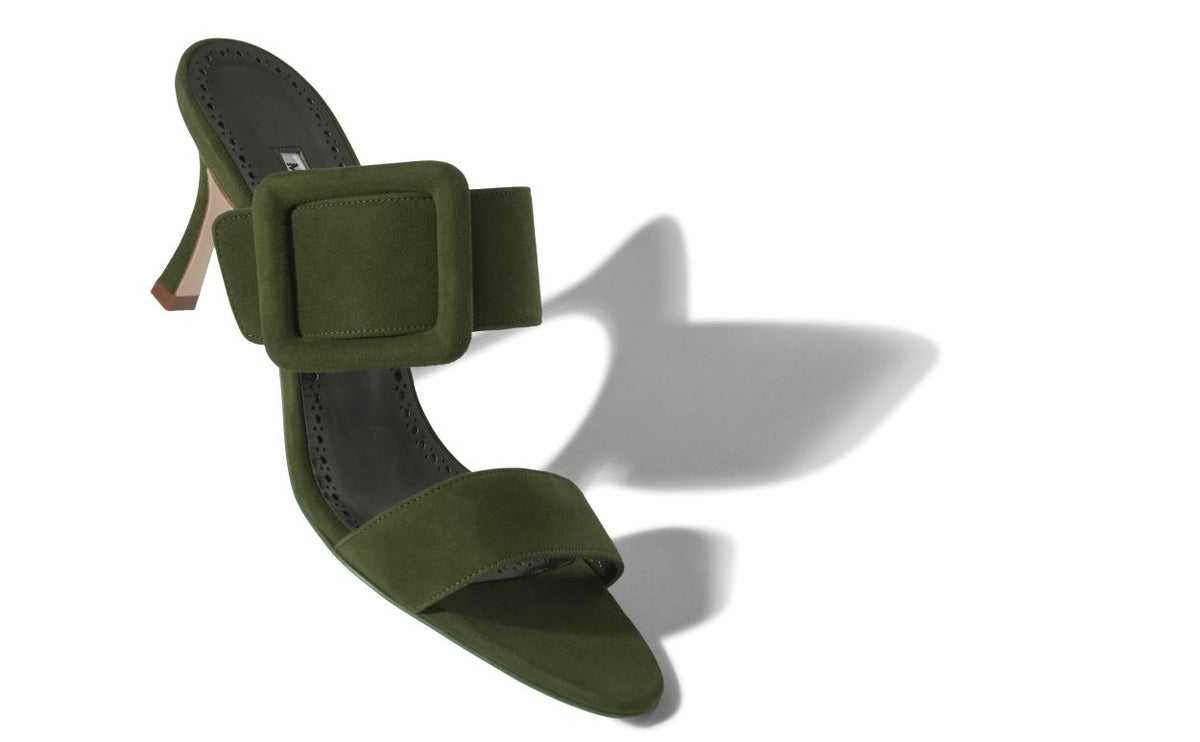 Elara Flame Green Open Toe Mules – front three-quarter view showing green open toe, suede, Vowalisse