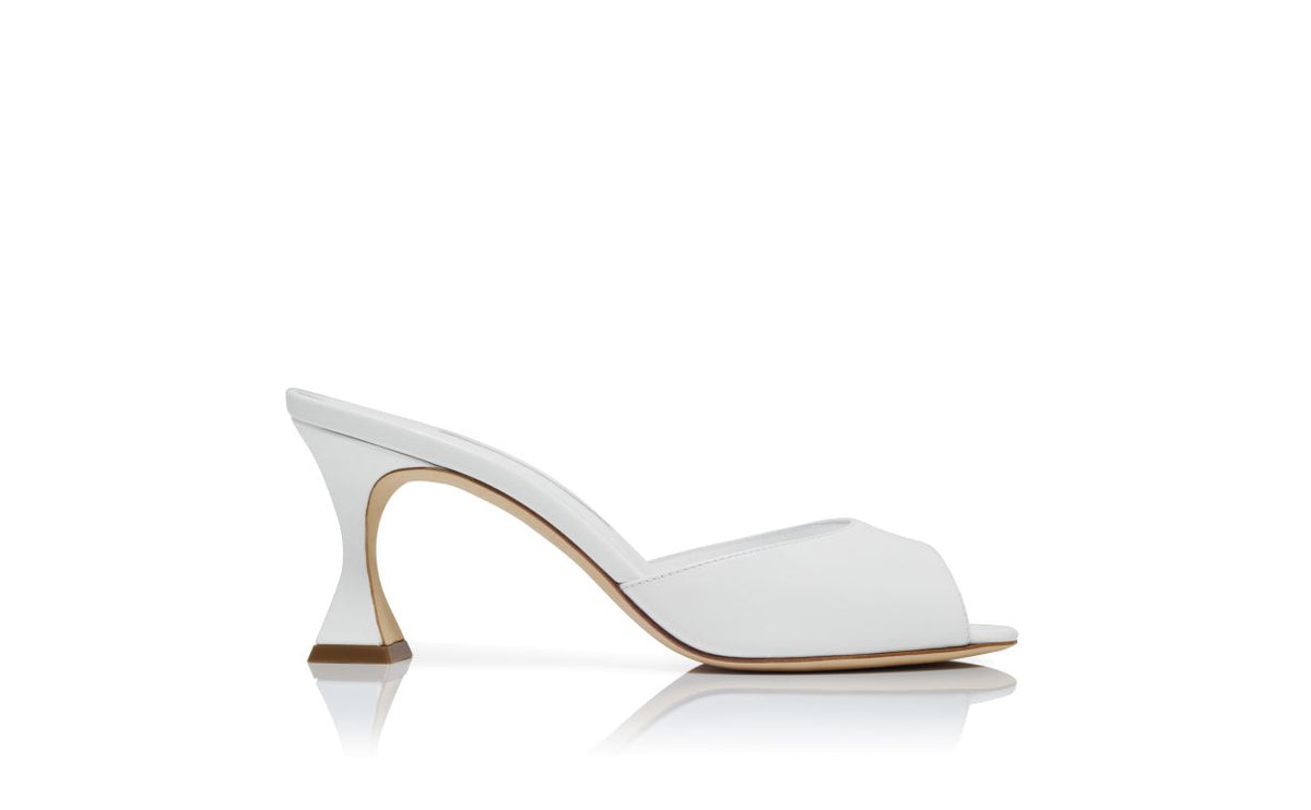 Vivienne Lace White Open Toe Mules – side profile showing white open toe, patent leather, Vowalisse