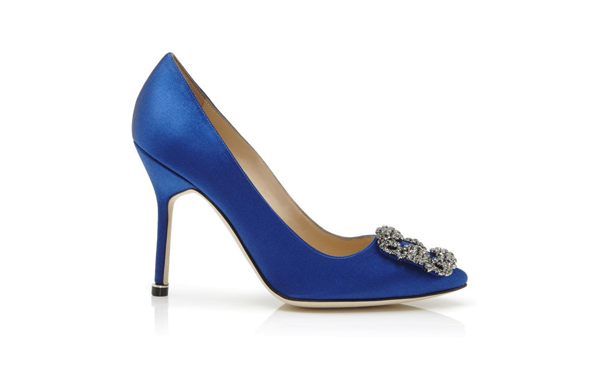 Aurelia Belle Blue Jewel Buckle Pumps – side profile showing blue jewel buckle, crystal buckle, almond toe, satin…