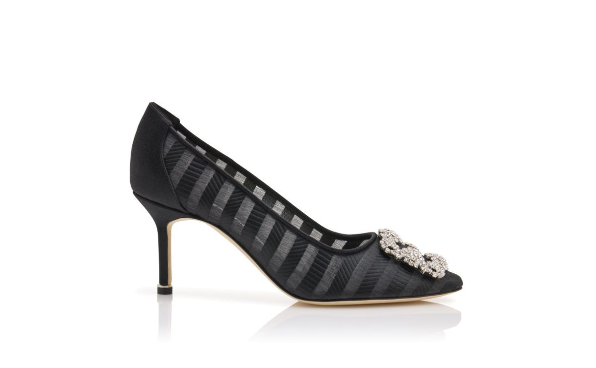 Isadora Rose Black Jewel Buckle Pumps – side profile showing black jewel buckle, crystal buckle, almond toe, Vowalisse