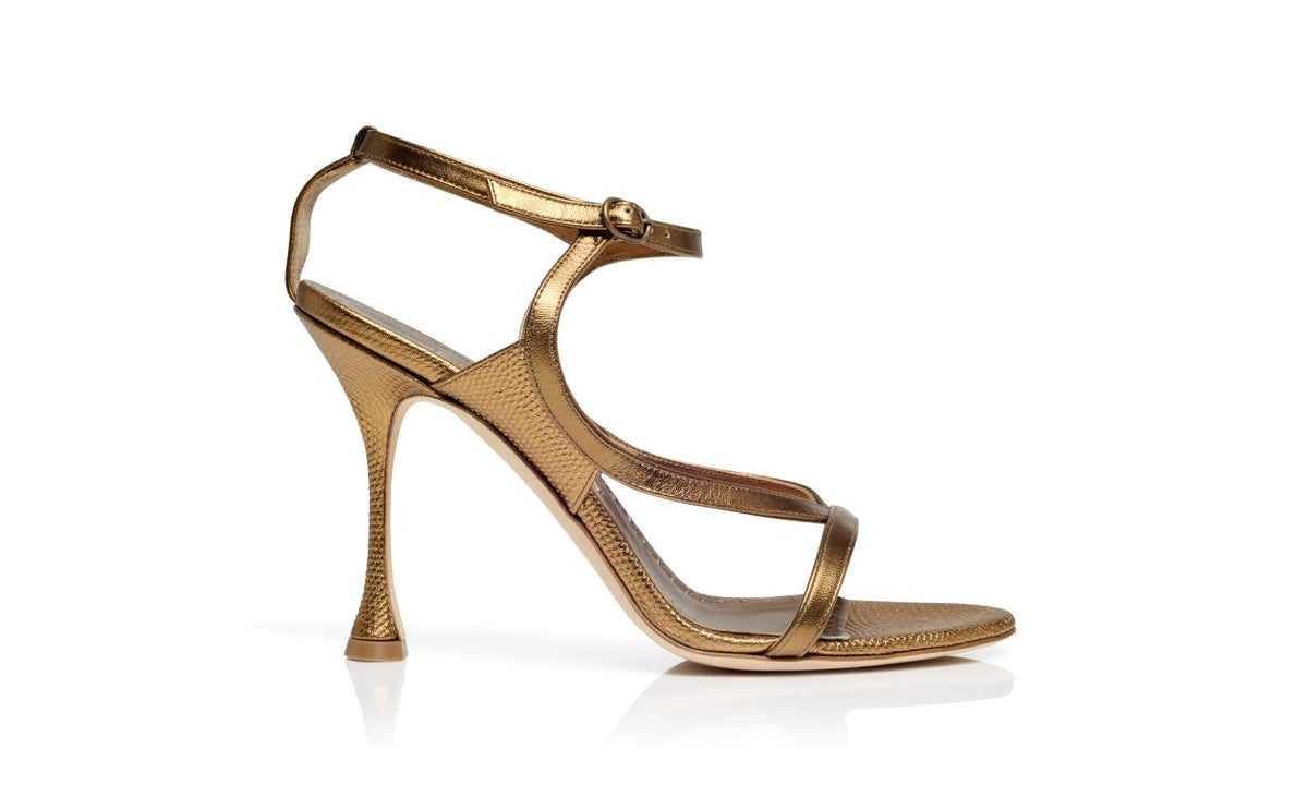 Marielle Muse Gold Ankle Strap Ankle-Strap Shoes – side profile showing gold ankle strap, open toe, nappa leather…