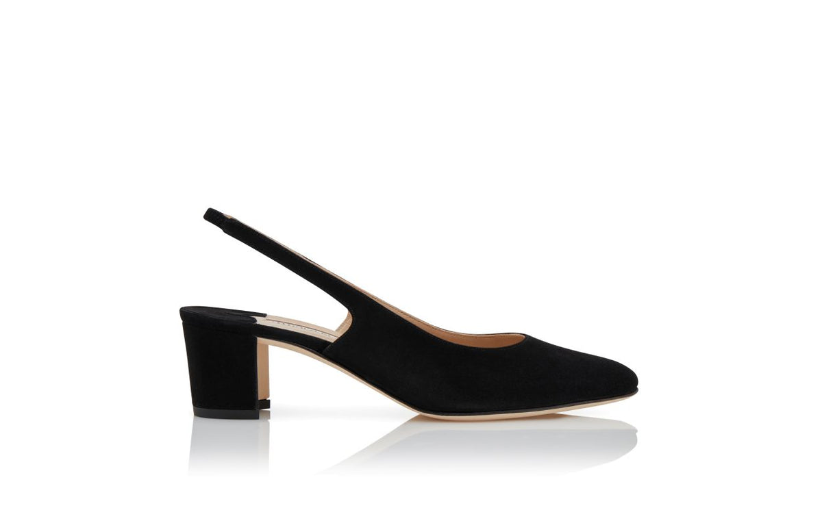 Evangeline Élan Black Slingback Slingbacks – side profile showing black slingback, almond toe, suede, Vowalisse