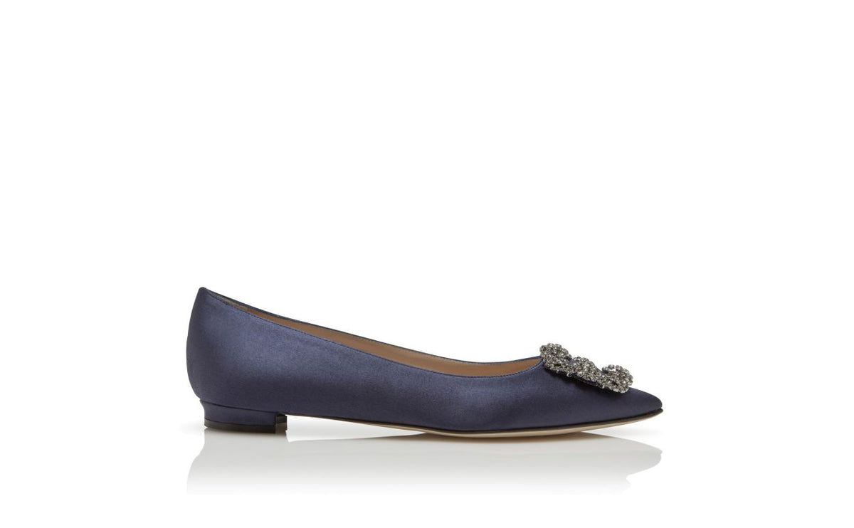Leonora Bloom Blue Jewel Buckle Pumps – side profile showing blue jewel buckle, crystal buckle, almond toe, satin…