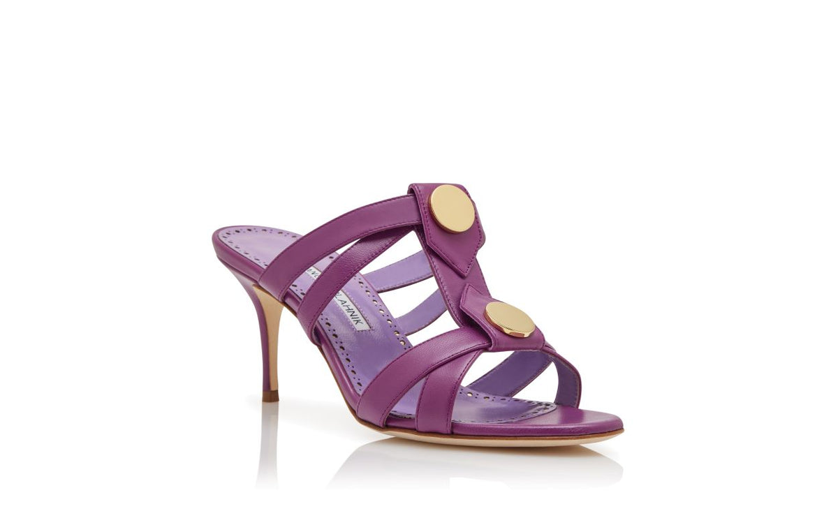 Marcella Shine Purple Button Detail Mules – top view showing purple button detail, t-bar, open toe, nappa leather…