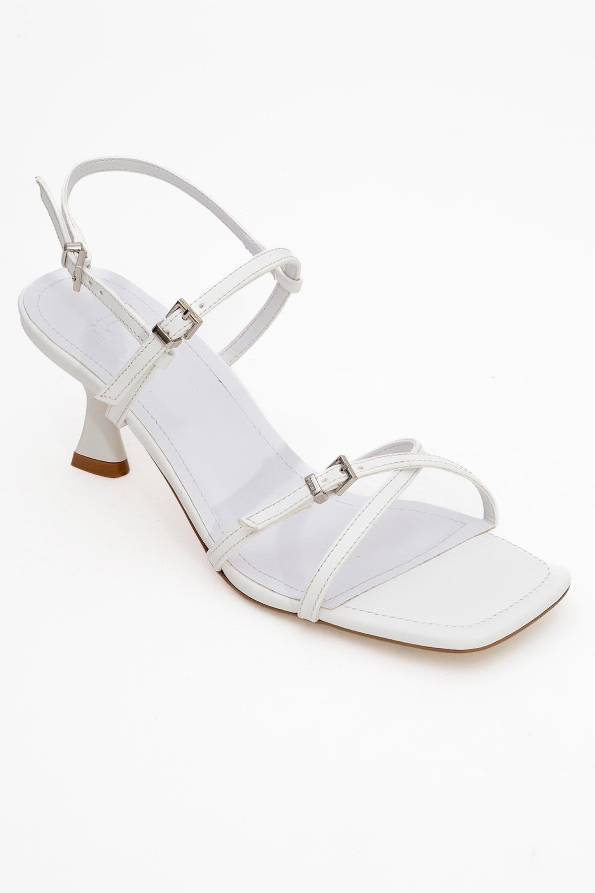 Nebel - White Heeled Sandal – side view showing leather, white, Vowalisse