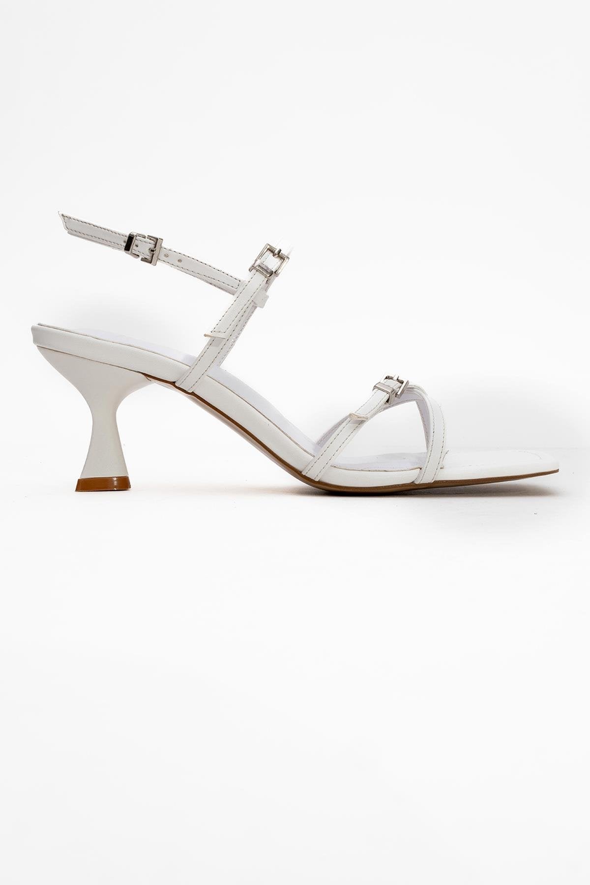 Nebel - White Heeled Sandal – top view showing leather, white, Vowalisse