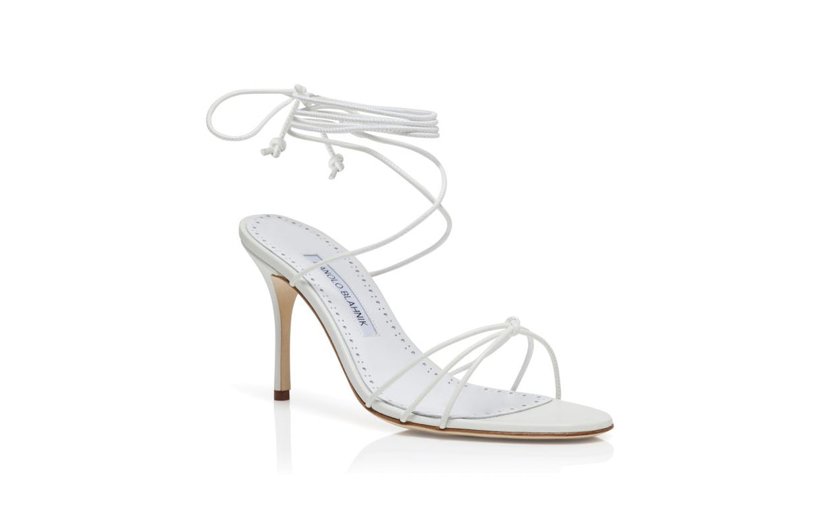 Elara Pearl White Ankle Strap Ankle-Strap Shoes – top view showing white ankle strap, open toe, nappa leather, lace…