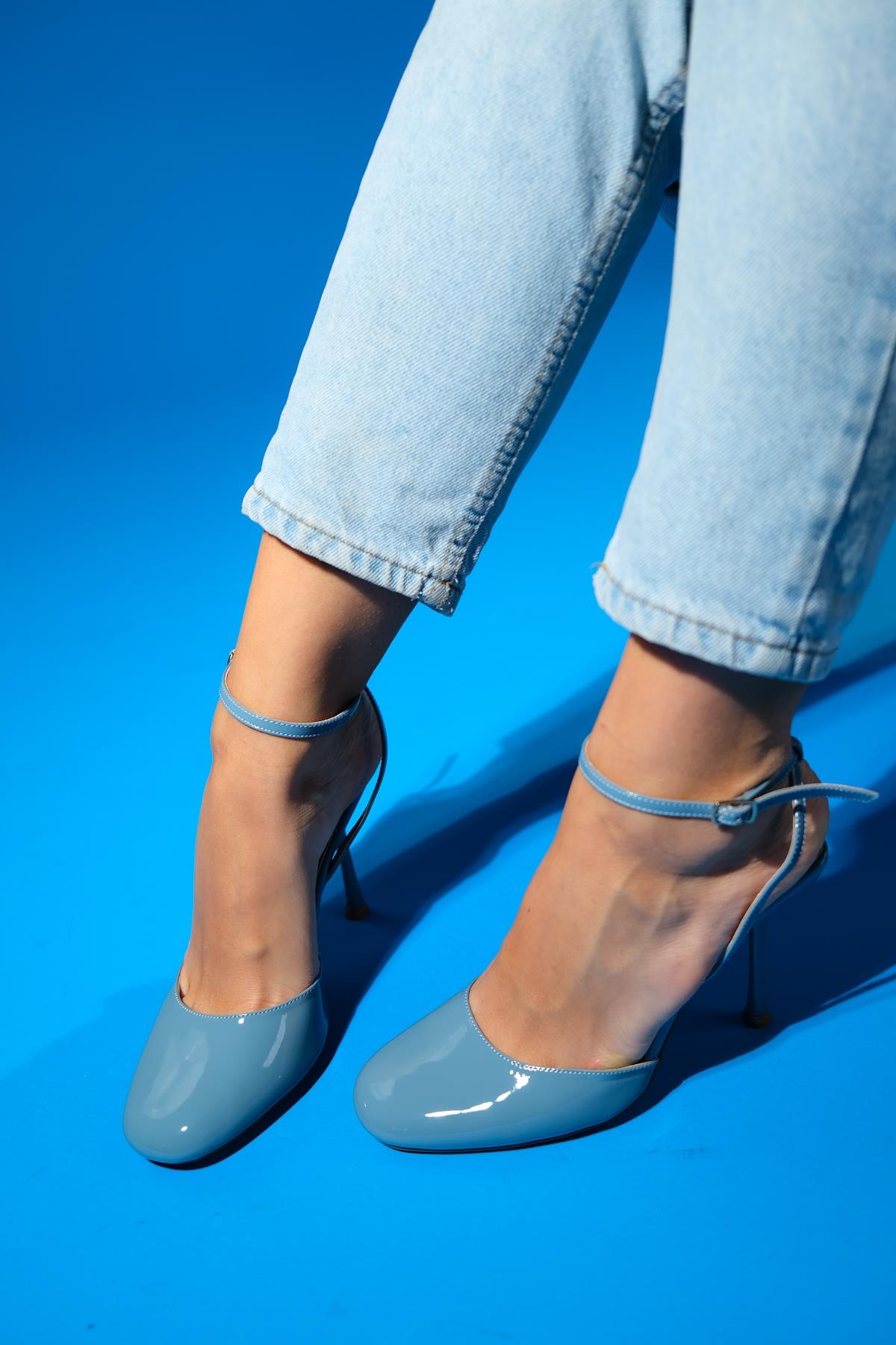 Blues - Blue Round Toe Ankle-Tie High Heel Shoe – side view showing leather, blue, Vowalisse