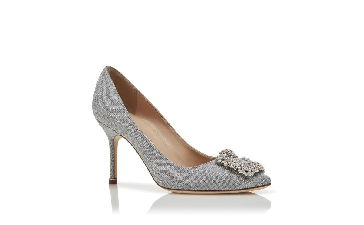 Bianca Bloom Silver Jewel Buckle Pumps – top view showing silver jewel buckle, crystal buckle, almond toe, Vowalisse