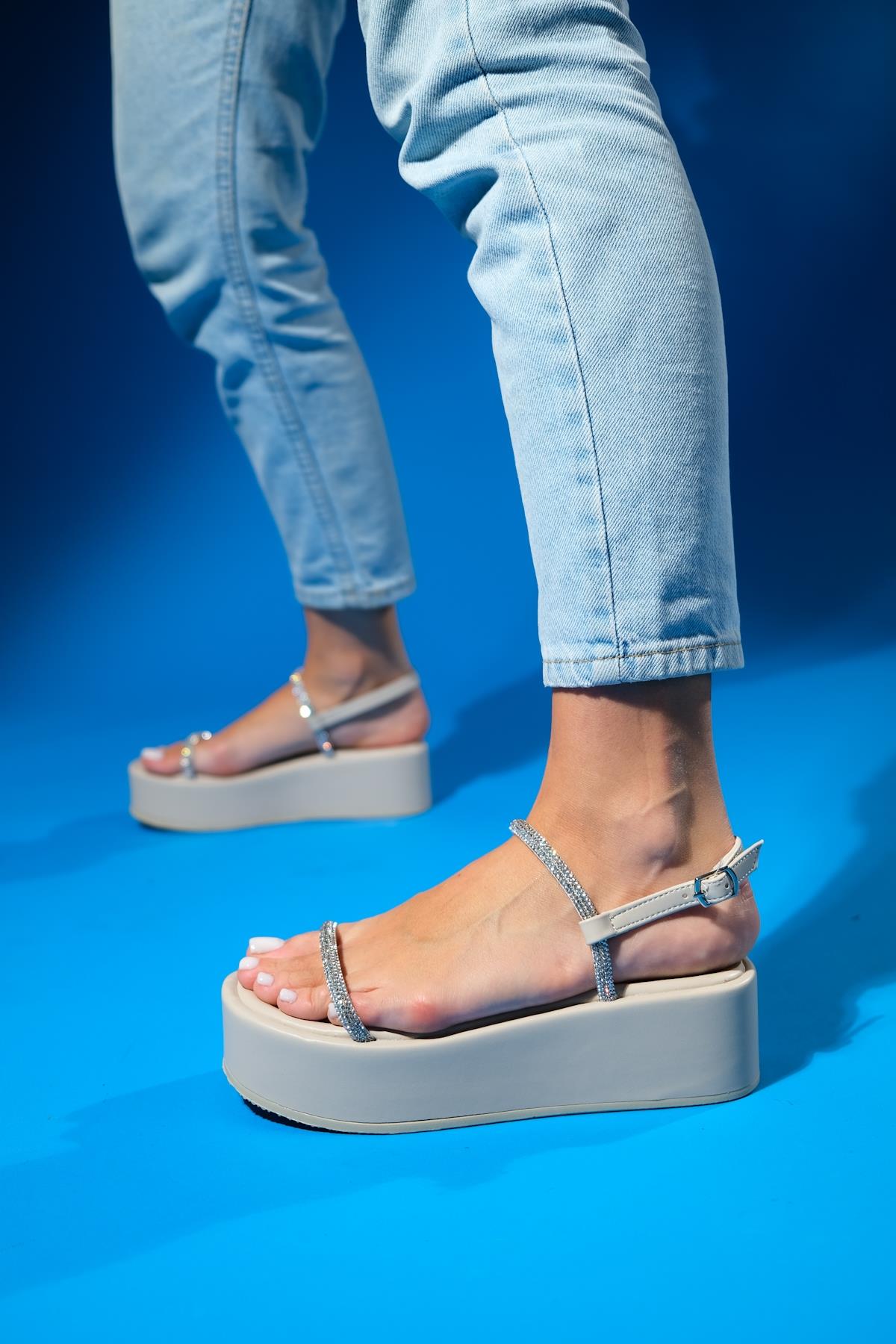 Ekos - Cream Stone-Embellished Thick-Sole Sandal – back view showing leather, Vowalisse