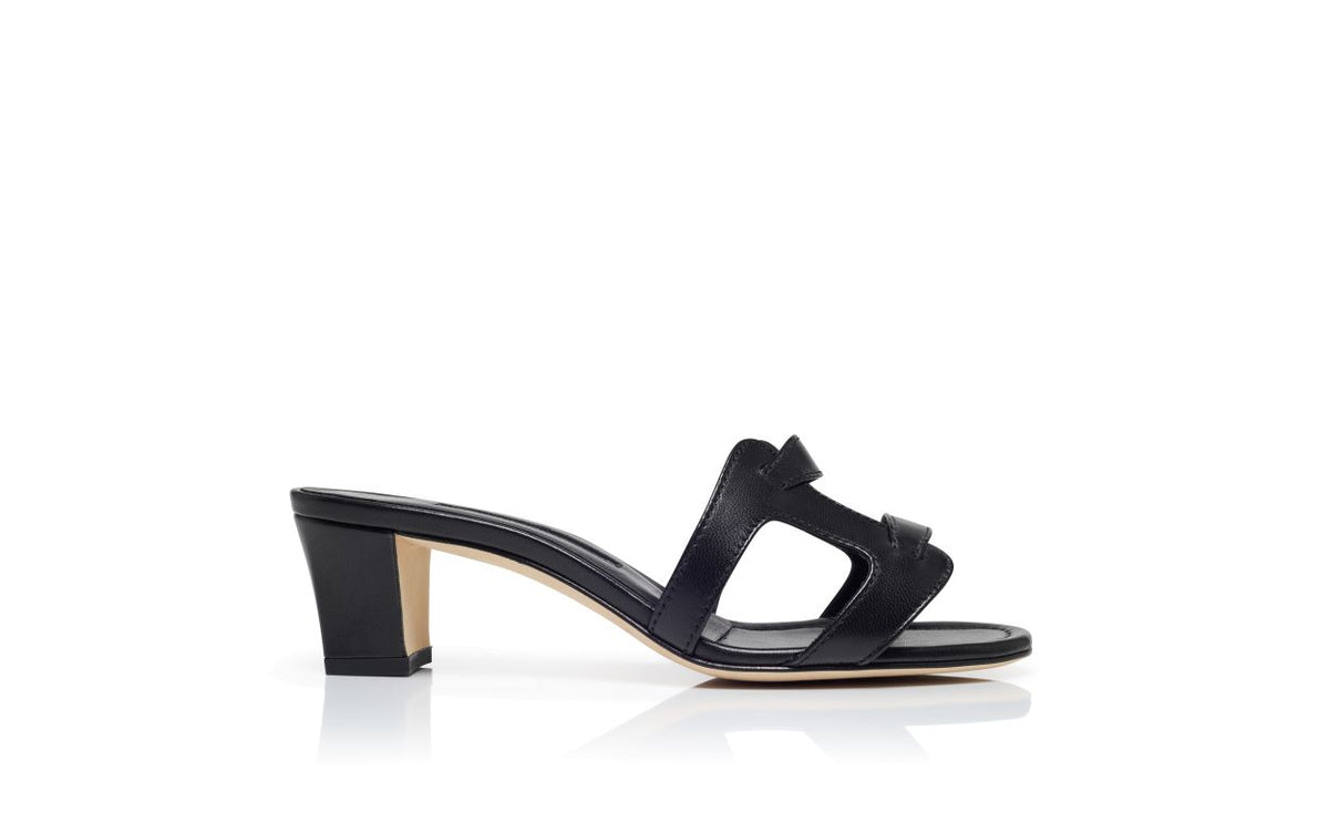 Marielle Lace Black Open Toe Mules – side profile showing black open toe, nappa leather, Vowalisse