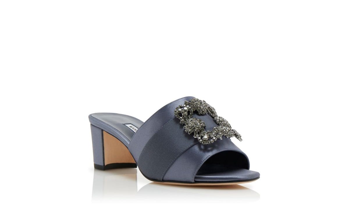 Isadora Flame Blue Jewel Buckle Mules – top view showing blue jewel buckle, crystal buckle, satin, Vowalisse