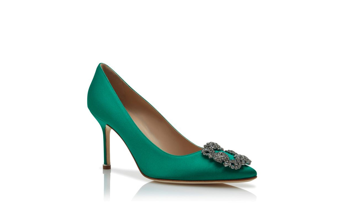 Alessia Élan Green Jewel Buckle Pumps – top view showing green jewel buckle, crystal buckle, almond toe, satin, Vowalisse