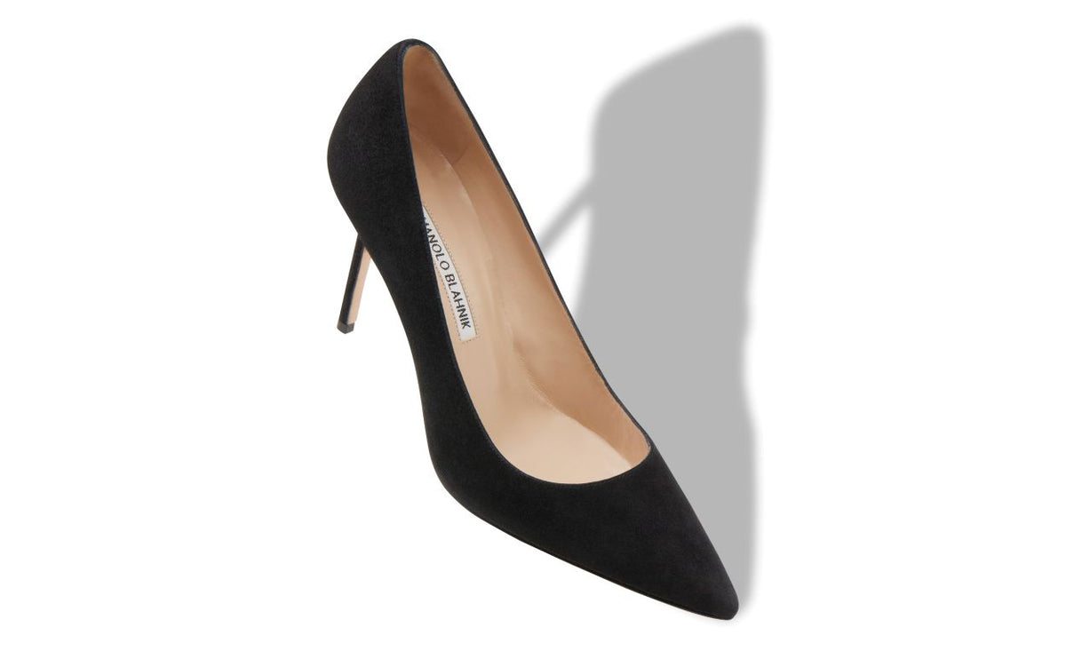 Emmeline Crown Black Pointed Toe Pumps – front three-quarter view showing black pointed toe, suede, Vowalisse