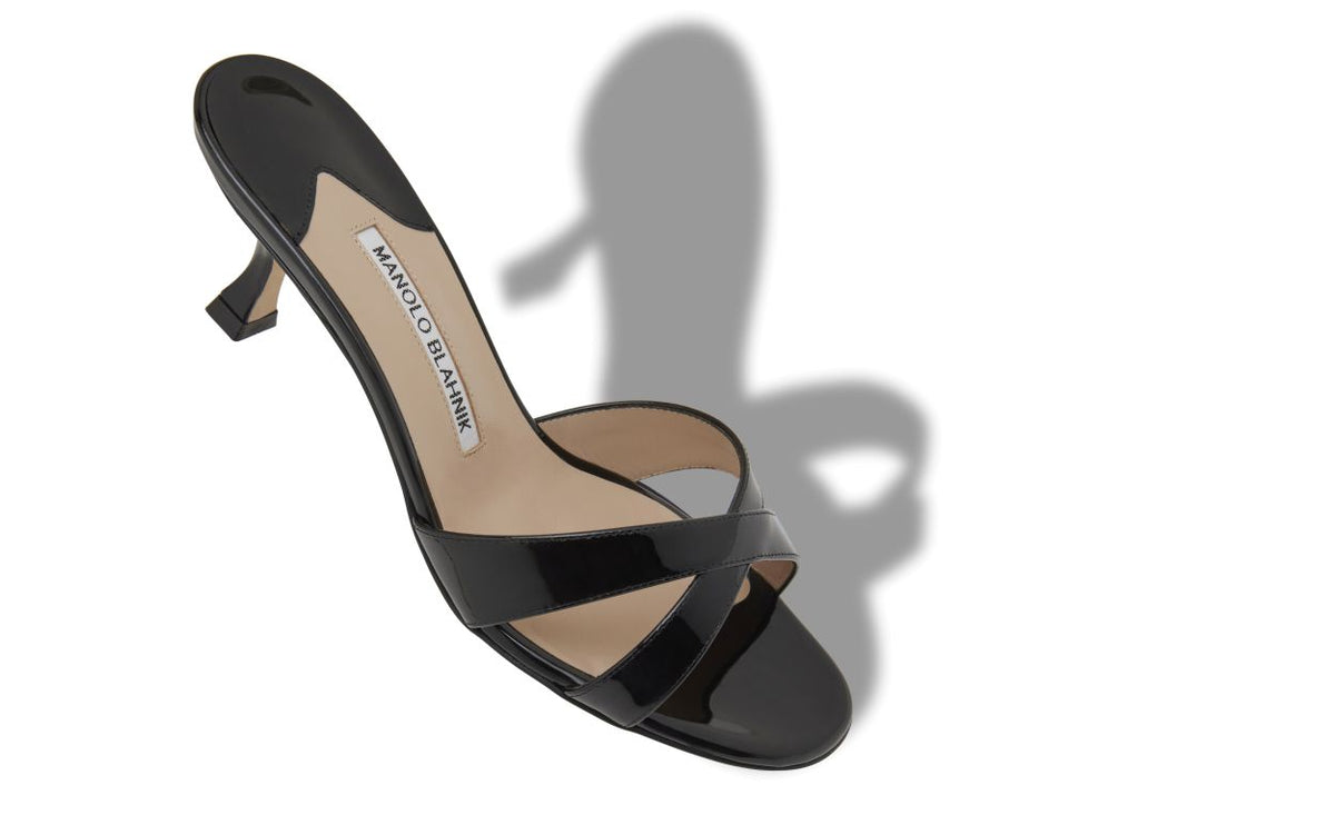 Aurelia Dream Black Crossover Mules – front three-quarter view showing black crossover, open toe, patent leather, Vowalisse