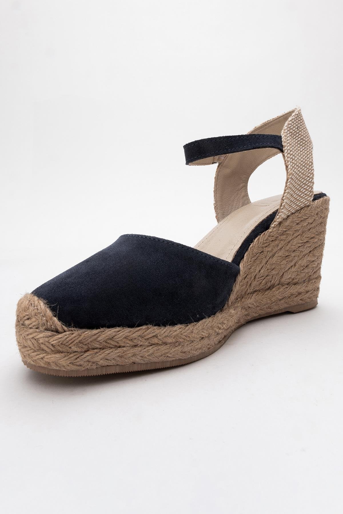 Sinta - Navy Suede Leather Platform Espadrille – detail view showing leather, suede, Vowalisse
