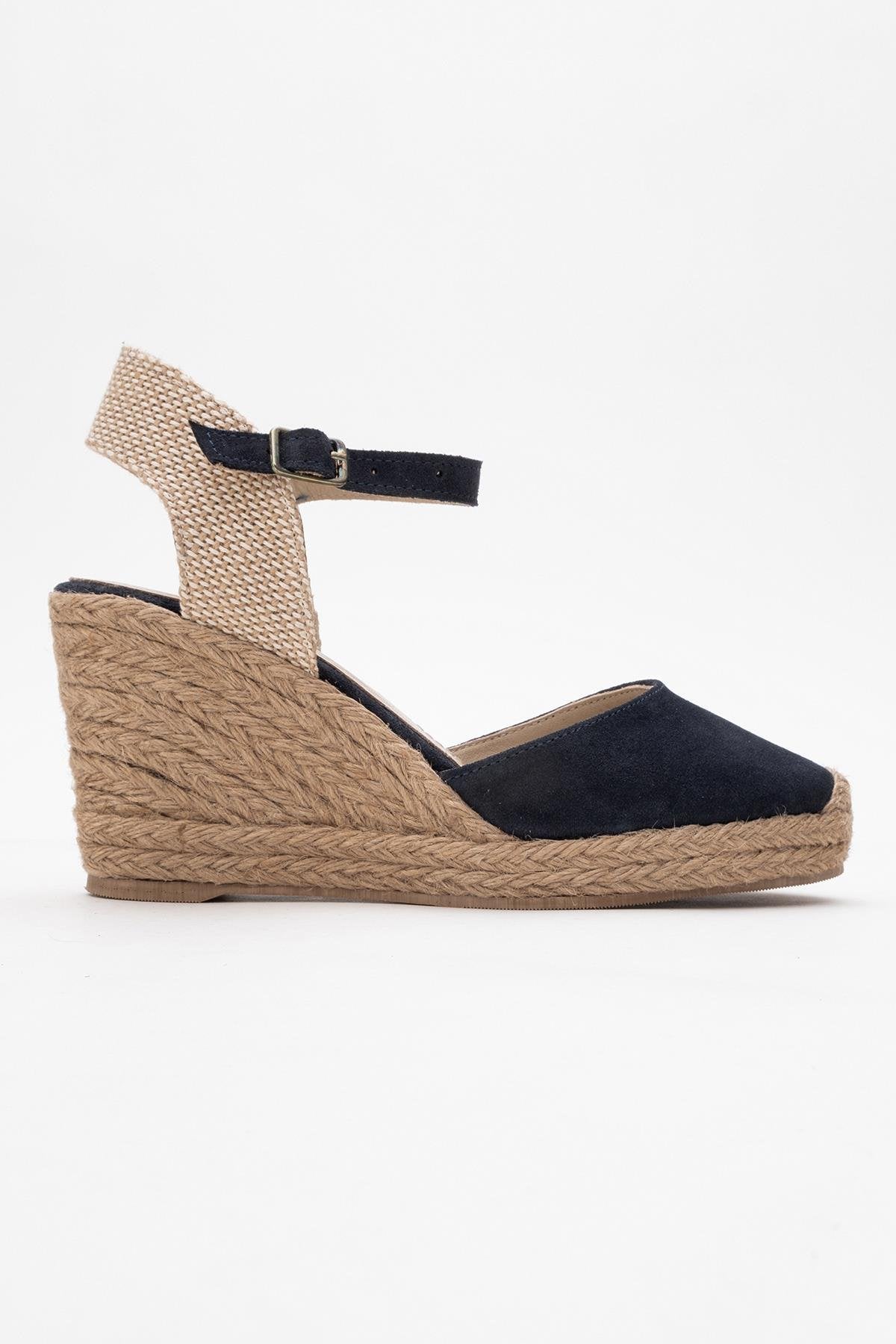 Sinta - Navy Suede Leather Platform Espadrille – back view showing leather, suede, Vowalisse